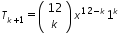 «math xmlns=¨http://www.w3.org/1998/Math/MathML¨»«msub»«mi»T«/mi»«mrow»«mi»k«/mi»«mo»+«/mo»«mn»1«/mn»«/mrow»«/msub»«mo»=«/mo»«mfenced»«mtable»«mtr»«mtd»«mn»12«/mn»«/mtd»«/mtr»«mtr»«mtd»«mi»k«/mi»«/mtd»«/mtr»«/mtable»«/mfenced»«msup»«mi»x«/mi»«mrow»«mn»12«/mn»«mo»-«/mo»«mi»k«/mi»«/mrow»«/msup»«msup»«mn»1«/mn»«mi»k«/mi»«/msup»«/math»