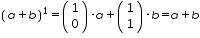 «math xmlns=¨http://www.w3.org/1998/Math/MathML¨»«msup»«mfenced»«mrow»«mi»a«/mi»«mo»+«/mo»«mi»b«/mi»«/mrow»«/mfenced»«mn»1«/mn»«/msup»«mo»=«/mo»«mfenced»«mtable»«mtr»«mtd»«mn»1«/mn»«/mtd»«/mtr»«mtr»«mtd»«mn»0«/mn»«/mtd»«/mtr»«/mtable»«/mfenced»«mo»§#183;«/mo»«mi»a«/mi»«mo»+«/mo»«mfenced»«mtable»«mtr»«mtd»«mn»1«/mn»«/mtd»«/mtr»«mtr»«mtd»«mn»1«/mn»«/mtd»«/mtr»«/mtable»«/mfenced»«mo»§#183;«/mo»«mi»b«/mi»«mo»=«/mo»«mi»a«/mi»«mo»+«/mo»«mi»b«/mi»«/math»