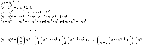 «math xmlns=¨http://www.w3.org/1998/Math/MathML¨»«mtable columnalign=¨left¨ rowspacing=¨0¨»«mtr»«mtd»«msup»«mfenced»«mrow»«mi»a«/mi»«mo»+«/mo»«mi»b«/mi»«/mrow»«/mfenced»«mn»0«/mn»«/msup»«mo»=«/mo»«mn»1«/mn»«/mtd»«/mtr»«mtr»«mtd»«mo»(«/mo»«mi»a«/mi»«mo»+«/mo»«mi»b«/mi»«msup»«mo»)«/mo»«mn»1«/mn»«/msup»«mo»=«/mo»«mn»1«/mn»«mo»§#183;«/mo»«mi»a«/mi»«mo»+«/mo»«mn»1«/mn»«mo»§#183;«/mo»«mi»b«/mi»«/mtd»«/mtr»«mtr»«mtd»«mo»(«/mo»«mi»a«/mi»«mo»+«/mo»«mi»b«/mi»«msup»«mo»)«/mo»«mn»2«/mn»«/msup»«mo»=«/mo»«mn»1«/mn»«mo»§#183;«/mo»«msup»«mi»a«/mi»«mn»2«/mn»«/msup»«mo»+«/mo»«mn»2«/mn»«mo»§#183;«/mo»«mi»a«/mi»«mo»§#183;«/mo»«mi»b«/mi»«mo»+«/mo»«mn»1«/mn»«mo»§#183;«/mo»«msup»«mi»b«/mi»«mn»2«/mn»«/msup»«/mtd»«/mtr»«mtr»«mtd»«mo»(«/mo»«mi»a«/mi»«mo»+«/mo»«mi»b«/mi»«msup»«mo»)«/mo»«mn»3«/mn»«/msup»«mo»=«/mo»«mn»1«/mn»«mo»§#183;«/mo»«msup»«mi»a«/mi»«mn»3«/mn»«/msup»«mo»+«/mo»«mn»3«/mn»«mo»§#183;«/mo»«msup»«mi»a«/mi»«mn»2«/mn»«/msup»«mo»§#183;«/mo»«mi»b«/mi»«mo»+«/mo»«mn»3«/mn»«mo»§#183;«/mo»«mi»a«/mi»«mo»§#183;«/mo»«msup»«mi»b«/mi»«mn»2«/mn»«/msup»«mo»+«/mo»«mn»1«/mn»«mo»§#183;«/mo»«msup»«mi»b«/mi»«mn»3«/mn»«/msup»«/mtd»«/mtr»«mtr»«mtd»«mo»(«/mo»«mi»a«/mi»«mo»+«/mo»«mi»b«/mi»«msup»«mo»)«/mo»«mn»4«/mn»«/msup»«mo»=«/mo»«mn»1«/mn»«mo»§#183;«/mo»«msup»«mi»a«/mi»«mn»4«/mn»«/msup»«mo»+«/mo»«mn»4«/mn»«mo»§#183;«/mo»«msup»«mi»a«/mi»«mn»3«/mn»«/msup»«mo»§#183;«/mo»«mi»b«/mi»«mo»+«/mo»«mn»6«/mn»«mo»§#183;«/mo»«msup»«mi»a«/mi»«mn»2«/mn»«/msup»«mo»§#183;«/mo»«msup»«mi»b«/mi»«mn»2«/mn»«/msup»«mo»+«/mo»«mn»4«/mn»«mo»§#183;«/mo»«mi»a«/mi»«mo»§#183;«/mo»«msup»«mi»b«/mi»«mn»3«/mn»«/msup»«mo»+«/mo»«mn»1«/mn»«mo»§#183;«/mo»«msup»«mi»b«/mi»«mn»4«/mn»«/msup»«/mtd»«/mtr»«mtr»«mtd/»«/mtr»«mtr»«mtd»«mo»§nbsp;«/mo»«mo»§nbsp;«/mo»«mo»§nbsp;«/mo»«mo»§nbsp;«/mo»«mo»§nbsp;«/mo»«mo»§nbsp;«/mo»«mo»§nbsp;«/mo»«mo»§nbsp;«/mo»«mo»§nbsp;«/mo»«mo»§nbsp;«/mo»«mo»§nbsp;«/mo»«mo»§nbsp;«/mo»«mo»§nbsp;«/mo»«mo»§nbsp;«/mo»«mo»§nbsp;«/mo»«mo»§nbsp;«/mo»«mo»§nbsp;«/mo»«mo»§nbsp;«/mo»«mo»§nbsp;«/mo»«mo»§nbsp;«/mo»«mo».«/mo»«mo»§nbsp;«/mo»«mo».«/mo»«mo»§nbsp;«/mo»«mo».«/mo»«/mtd»«/mtr»«mtr»«mtd/»«/mtr»«mtr»«mtd»«mo»(«/mo»«mi»a«/mi»«mo»+«/mo»«mi»b«/mi»«msup»«mo»)«/mo»«mi»n«/mi»«/msup»«mo»=«/mo»«mfenced»«mtable»«mtr»«mtd»«mi»n«/mi»«/mtd»«/mtr»«mtr»«mtd»«mn»0«/mn»«/mtd»«/mtr»«/mtable»«/mfenced»«msup»«mi»a«/mi»«mi»n«/mi»«/msup»«mo»+«/mo»«mfenced»«mtable»«mtr»«mtd»«mi»n«/mi»«/mtd»«/mtr»«mtr»«mtd»«mn»1«/mn»«/mtd»«/mtr»«/mtable»«/mfenced»«msup»«mi»a«/mi»«mrow»«mi»n«/mi»«mo»-«/mo»«mn»1«/mn»«/mrow»«/msup»«mo»§#183;«/mo»«msup»«mi»b«/mi»«mn»1«/mn»«/msup»«mo»+«/mo»«mfenced»«mtable»«mtr»«mtd»«mi»n«/mi»«/mtd»«/mtr»«mtr»«mtd»«mn»2«/mn»«/mtd»«/mtr»«/mtable»«/mfenced»«msup»«mi»a«/mi»«mrow»«mi»n«/mi»«mo»-«/mo»«mn»2«/mn»«/mrow»«/msup»«mo»§#183;«/mo»«msup»«mi»b«/mi»«mn»2«/mn»«/msup»«mo»+«/mo»«mo».«/mo»«mo»§nbsp;«/mo»«mo».«/mo»«mo»§nbsp;«/mo»«mo».«/mo»«mo»+«/mo»«mfenced»«mtable»«mtr»«mtd»«mi»n«/mi»«/mtd»«/mtr»«mtr»«mtd»«mi»n«/mi»«mo»-«/mo»«mn»1«/mn»«/mtd»«/mtr»«/mtable»«/mfenced»«msup»«mi»a«/mi»«mn»1«/mn»«/msup»«mo»§#183;«/mo»«msup»«mi»b«/mi»«mrow»«mi»n«/mi»«mo»-«/mo»«mn»1«/mn»«/mrow»«/msup»«mo»+«/mo»«mfenced»«mtable»«mtr»«mtd»«mi»n«/mi»«/mtd»«/mtr»«mtr»«mtd»«mi»n«/mi»«/mtd»«/mtr»«/mtable»«/mfenced»«msup»«mi»b«/mi»«mi»n«/mi»«/msup»«/mtd»«/mtr»«/mtable»«/math»
